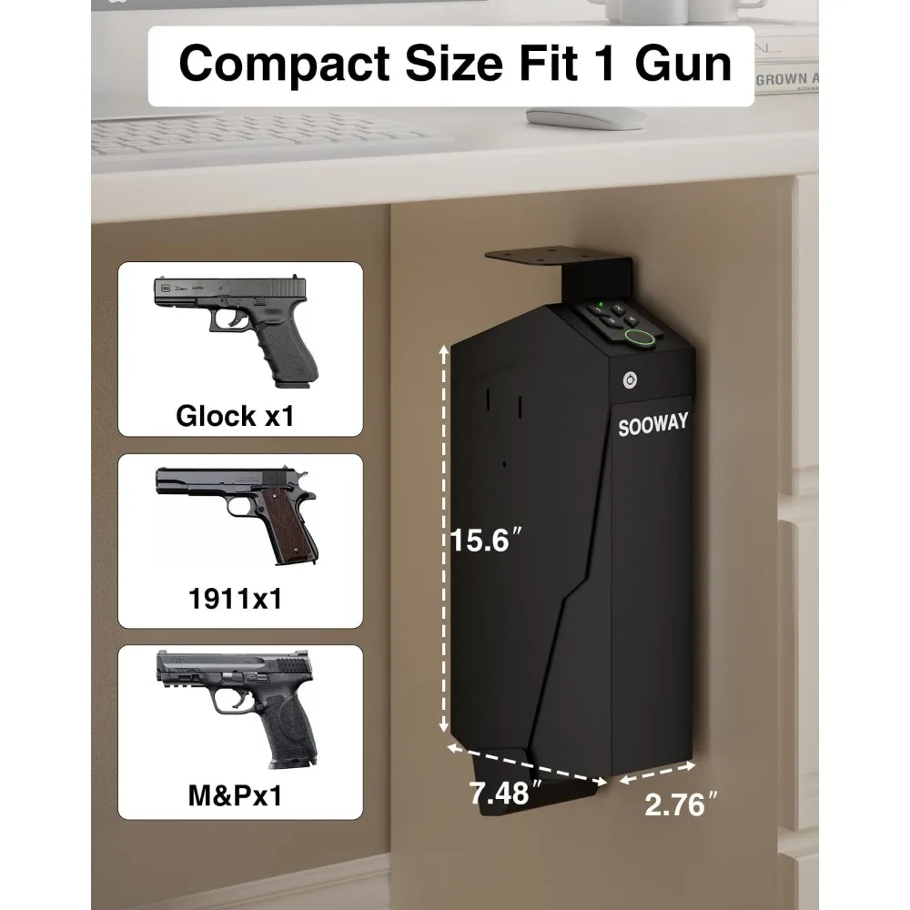 Gun Safe, Mounted Biometric Pistol Safe Drop Down Gun Lock Box for Handgun with 3 Ways Quick Access Bedside Pistol Case for Nigh