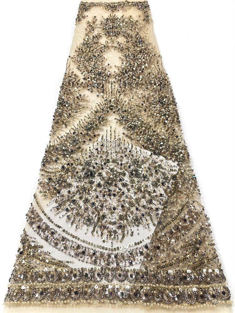 

5 Yards Groom Beaded Tulle Lace Fabric 2026 High Quality African Mesh Sequin Lace Fabric Ladies Party Evening Dress Sewing