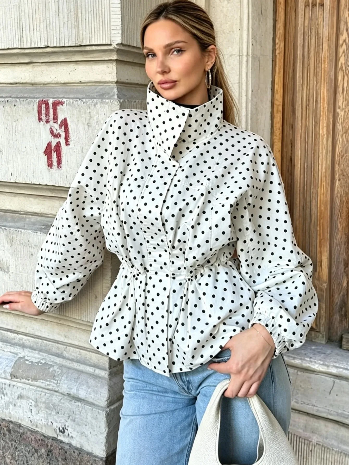 Women's White Polka Dot Loose-Fitting Stand-Collar Zip-Up Casual Jacket, Long Sleeves, Cinched Waist Design, with Pockets