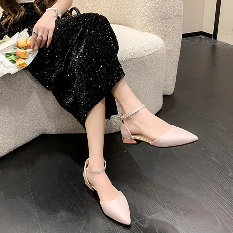 Ankle Buckle Low Heels Pumps Women Pointed Toe Square Heeled Party Shoes Woman Plus Size 43 Fashion Ankle Strap Casual Shoes