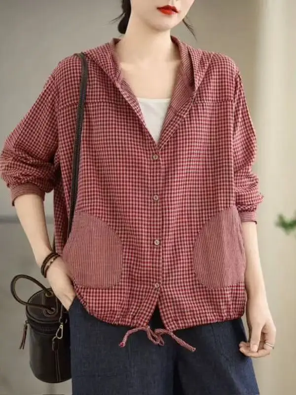 

Аутентичная осенняя клетчатая свободная верхняя одежда с капюшоном Jaet большого размера, художественное женское повседневное длинное пальто Faion