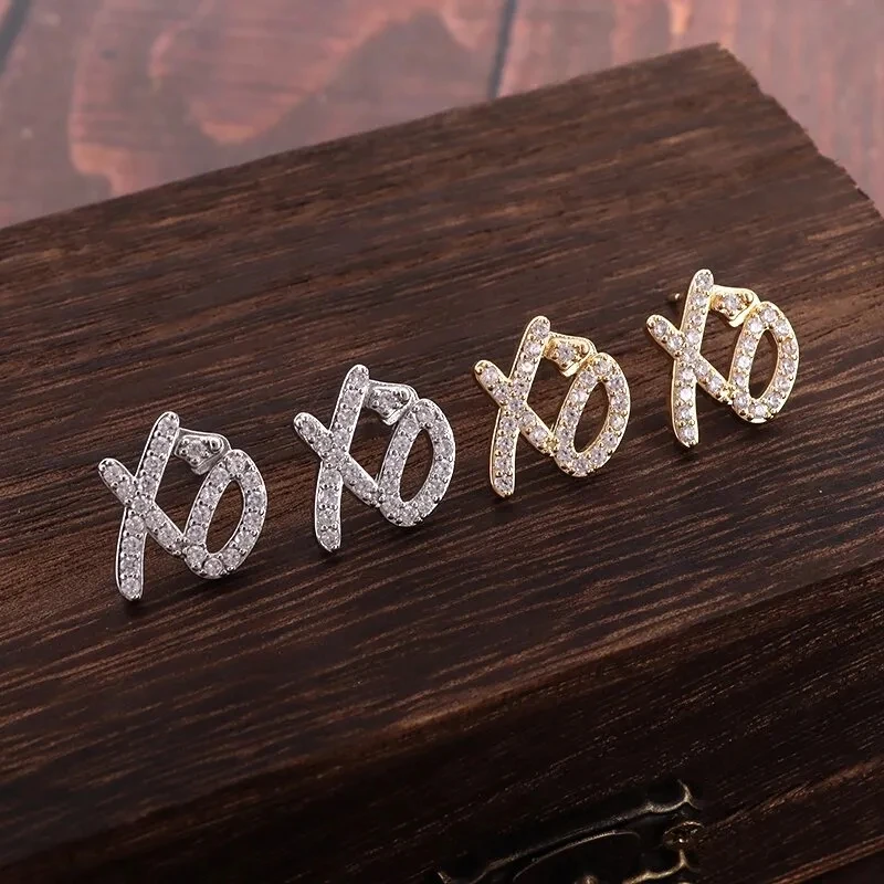 Hip Hop Ice Out Xo Letter Stud Earrings Cubic Zirconia Hypoallergenic Earrings for Men and Women Rock Party Jewelry Gifts