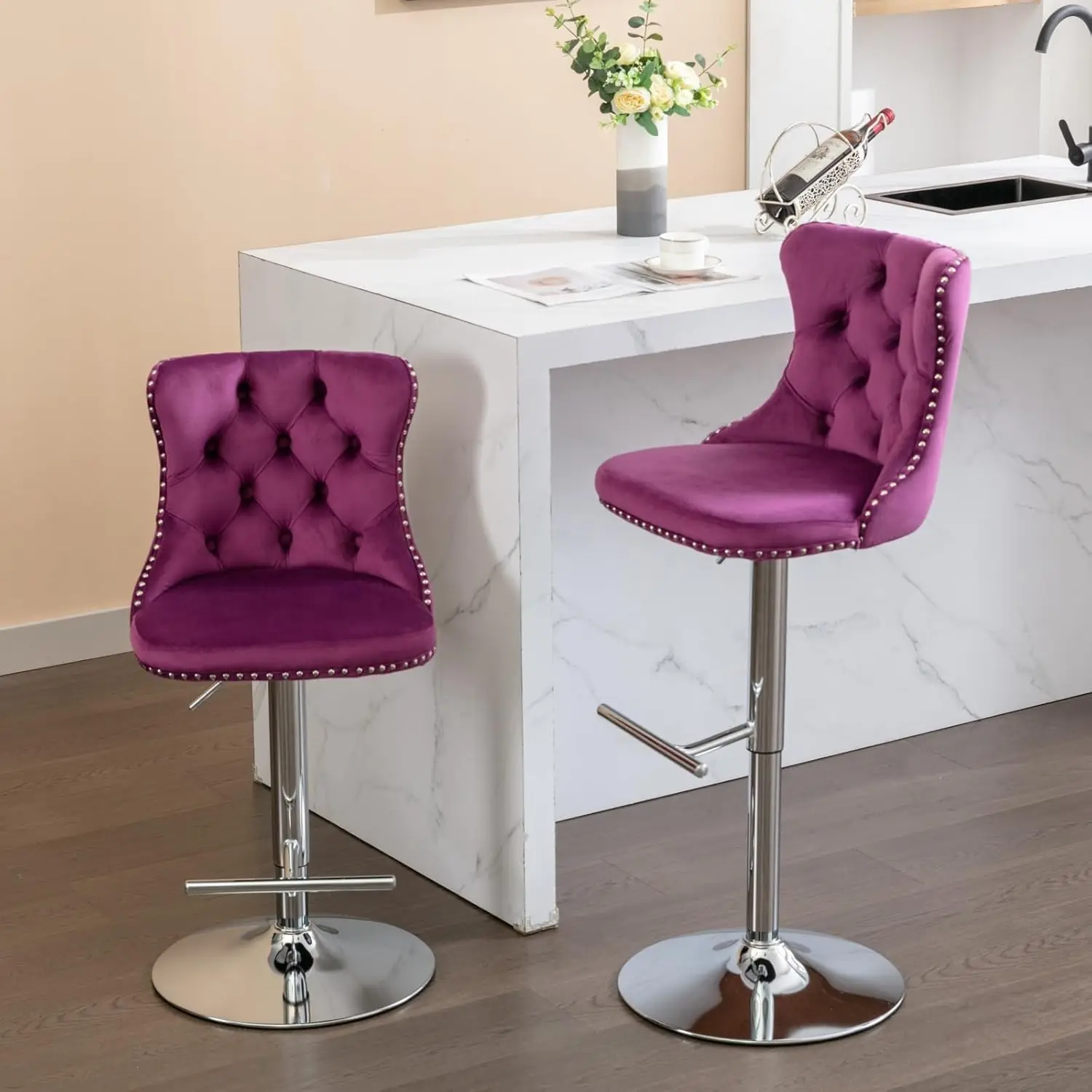 

Bar Stools Set Of 2, Swivel Barstools With Nailheads Trim, Velvet Button Tufted Ba And Silver Footrest, Adjustable Counter