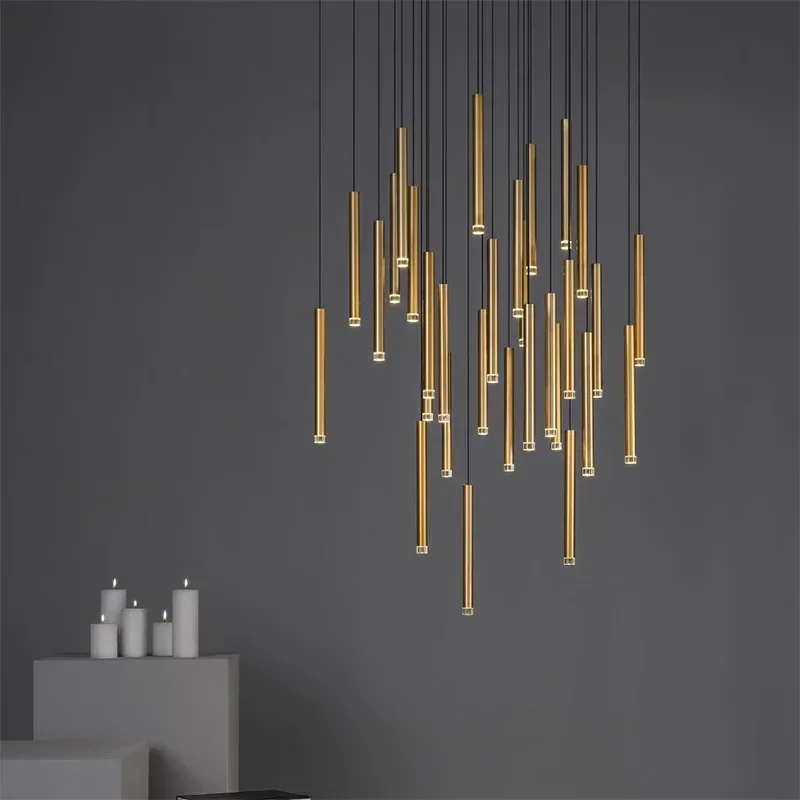 Golden Tube Stair LED Chandeliers Modern Luxury Villa Double Loft Hanging Lamp Hotel Engineering Lamp Interior Lighting Fixtures