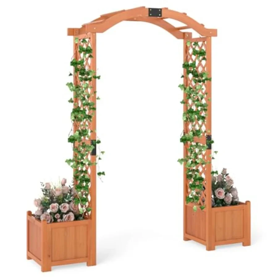 Wooden Garden Arbor with Planter Boxes for outdoor use, natural wood finish, rustic charm and integrated planting space