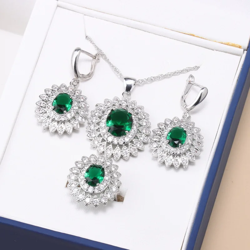 925 Sterling Silver Sunflower Luxury 4-Piece Fine Jewelry Sets Wedding Bridal Women Dress Necklace And Earrings Ring