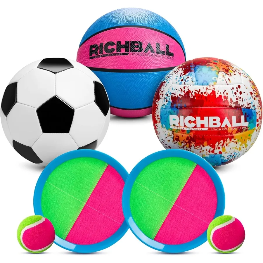 

Набор спортивных мячей на открытом воздухе 4 в 1 для футбольного мяча, баскетбола, волейбола и игры TossandCatch Paddle для мальчиков и девочек 412 лет