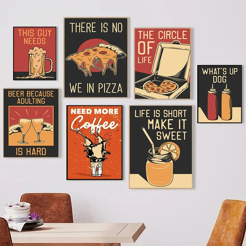 Vintage Food Drink Posters Pizza French Fries Lemonade Canvas Printing Prints Wall Art Picture for Kitchen Restaurant Bar Decor