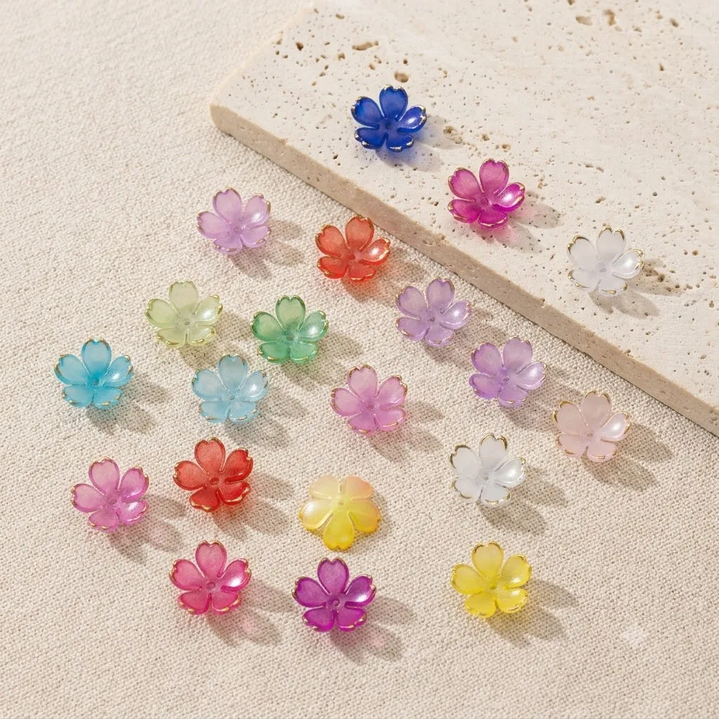 50pcs/Lot Cherry Blossoms Acrylic Beads Golden Brushed Patter Petals Charms Connector DIY Earring Hair Jewelry Making Acessories