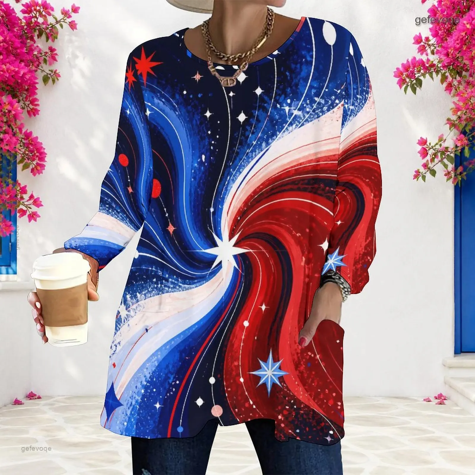 Women Red Blue White Star Swirl Printed Round Neck Long Sleeve Loose Longline Top with Pockets