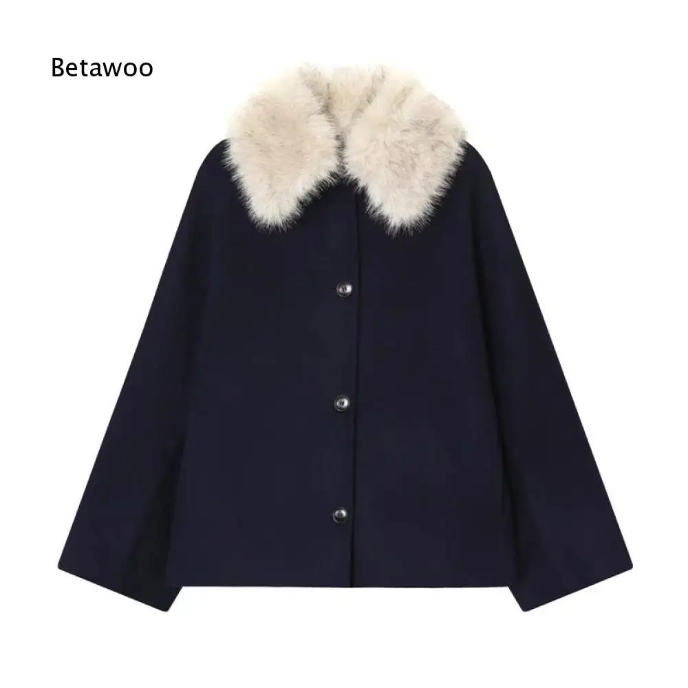 Ladies Loose Cropped Overcoat With Plush Furry Collar Wide Long Sleeve Single Breasted Wool Blend Coat For Winter Styling