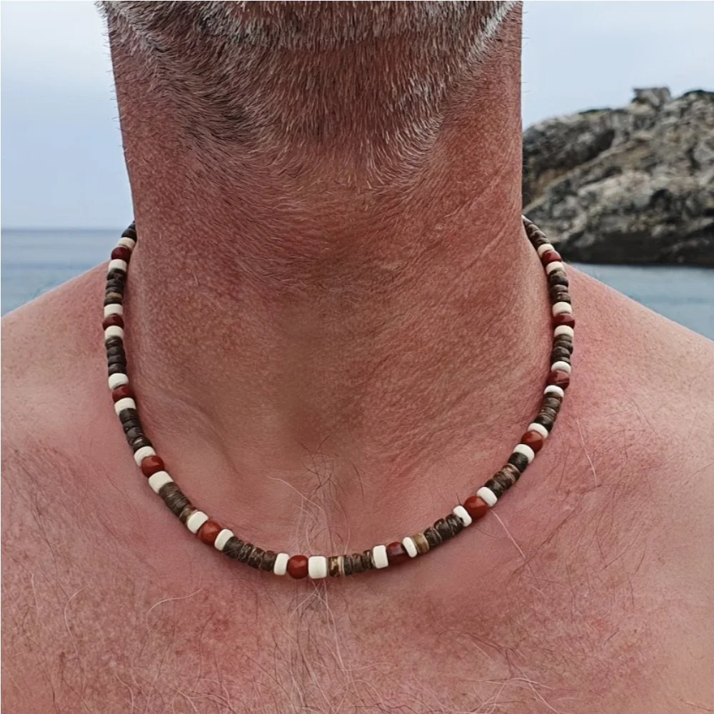 Böhmische Patchwork-Halskette aus roten Holzperlen und Kokosnussschalen für Männer, Hip-Hop, handgefertigter Choker, Retro-Schmuck, Modeaccessoire – Detail 4