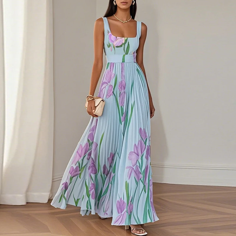 New Women's Sleeveless Straps Summer Dress Elegant Floral Print Pleated Long Dresses Spring Square Collar High Waist Party Dress - Image 3