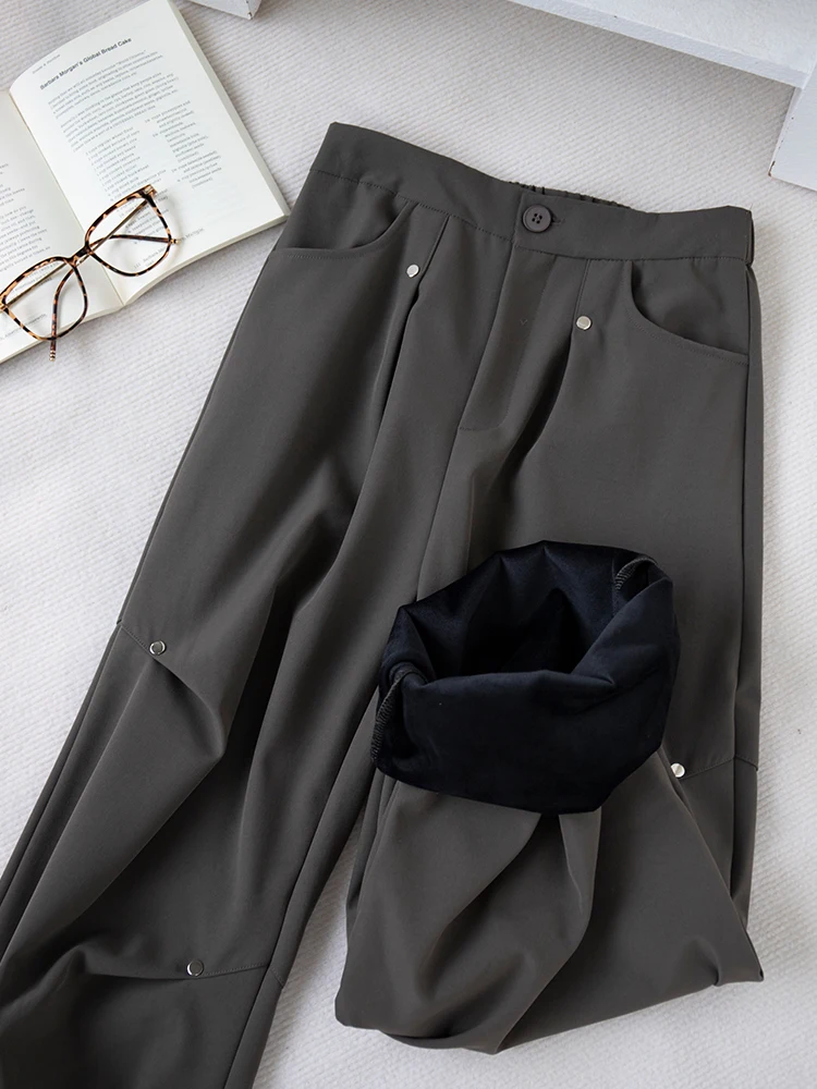 Pantalones de trabajo de lana con remaches americanos para mujer, pantalones deportivos informales de pierna ancha y cintura alta engrosados para uso diario en otoño y