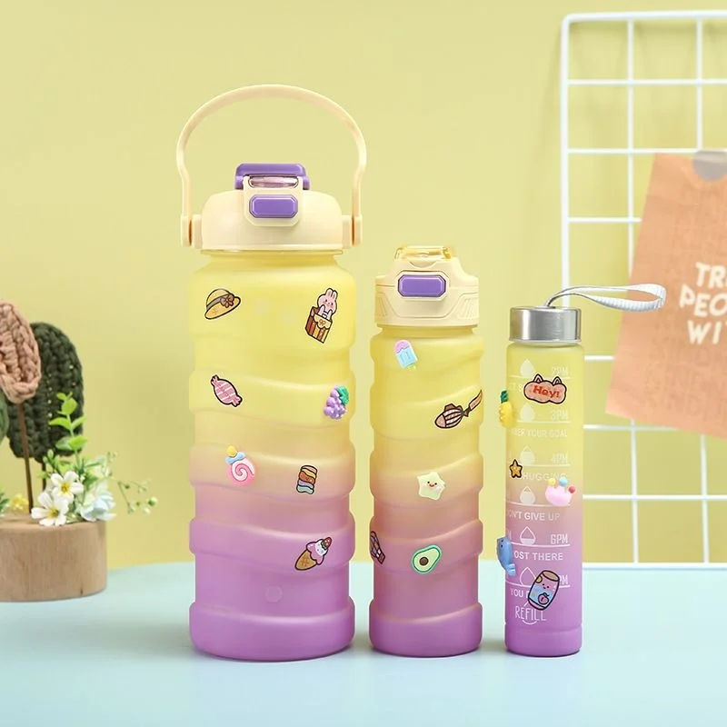 Large Capacity Sports Water Bottle Gradient 3PCS Creative Threaded Straw Cup Outdoor Convenient Portable Big Belly Water Cup