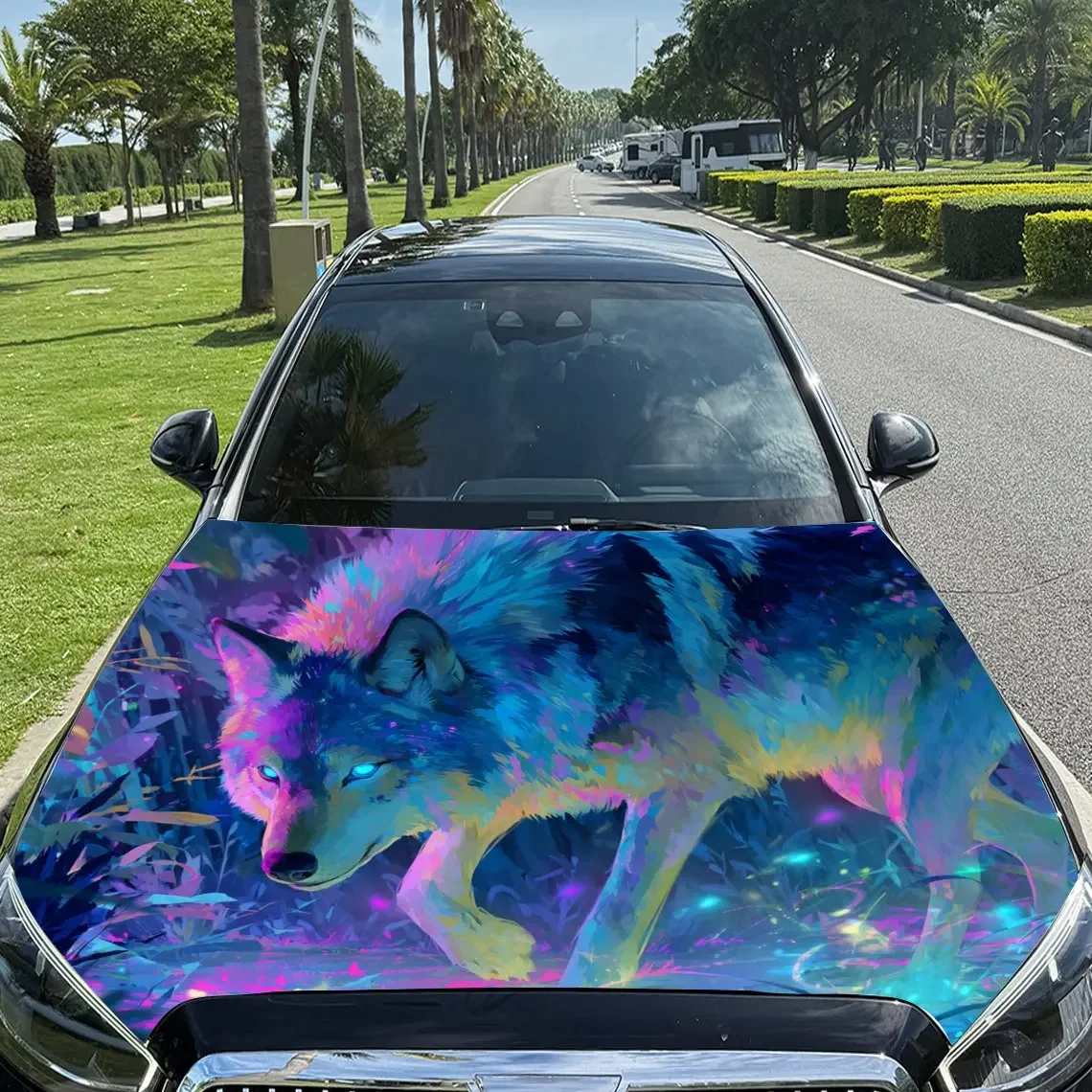 Neon Colorful Spirit Wolf Car Vinyl Wrap, PVC Material Waterproof Car Hood Sticker, Self-Adhesive Scratch-Resistant Stickers for