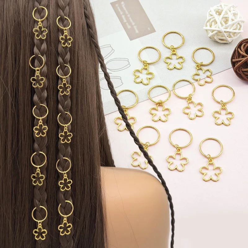 

Gold Braided Hollow Flower Hair Rings Set of 10 for Girls Fashion Cute Accessories Non Slip Lightweight Premium Daily Use Metal