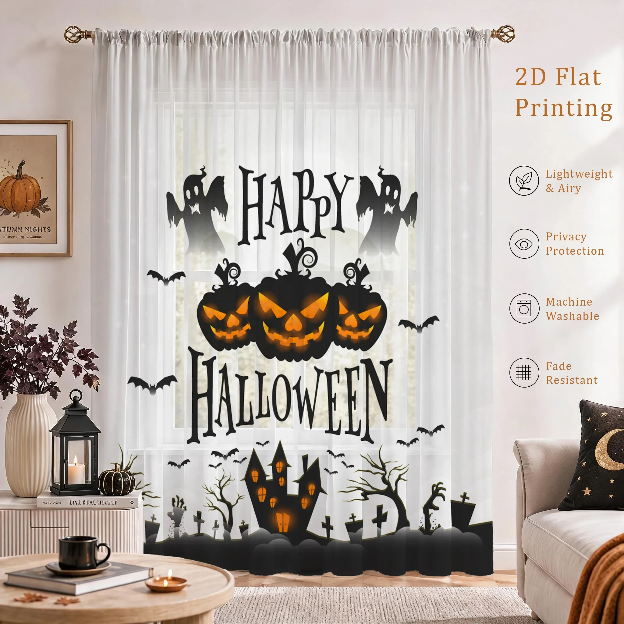 Halloween Festival Sheer Curtain, Good Quality Light Reducing Privacy Voile For Living/Bedroom/Kids Room,Halloween FestivalGift
