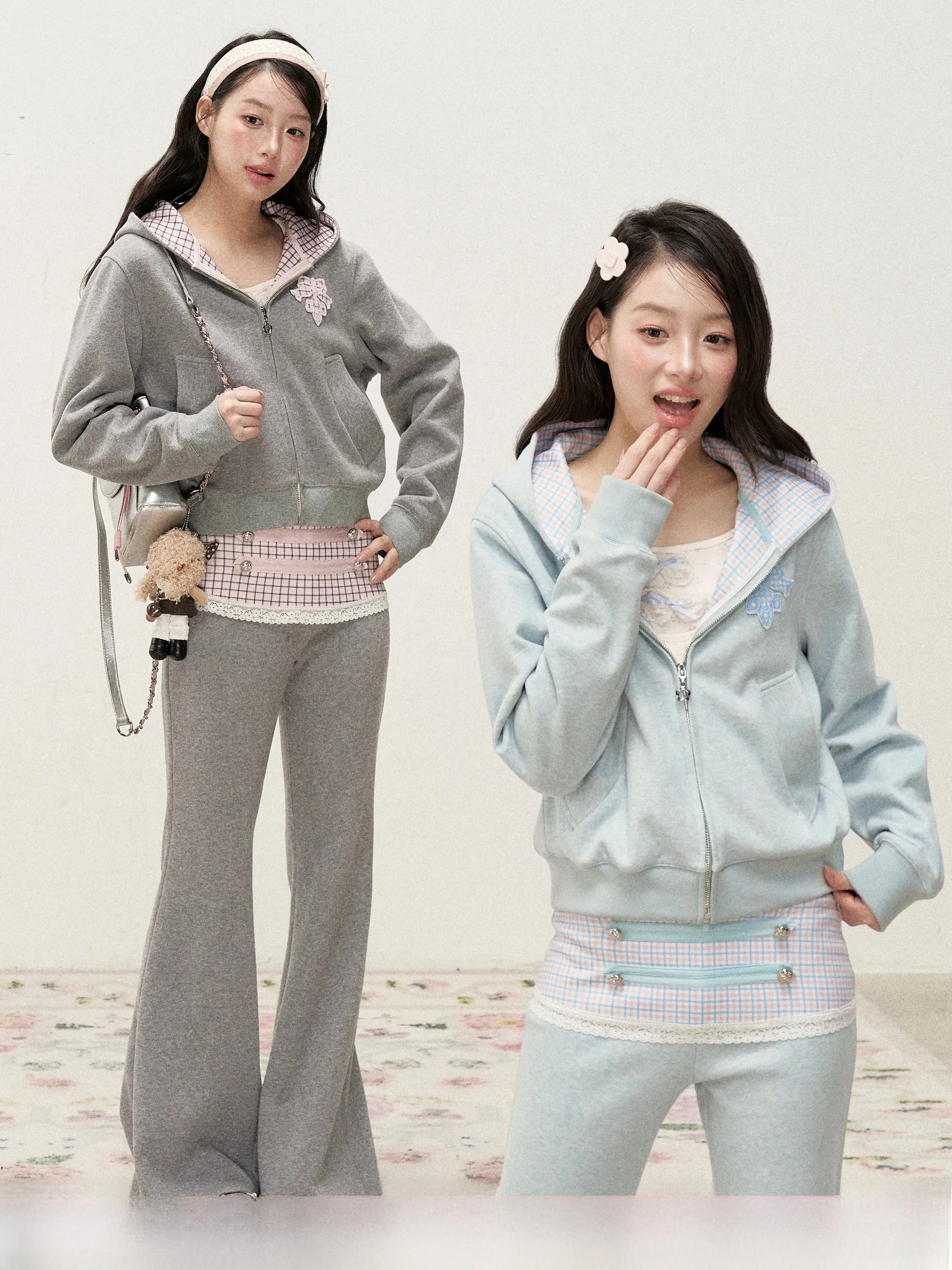 Ruan Ruan Soft Mosaic Color Block Plaid Napoleon Hat Sweatshirt Pants Set Autumn Long Sleeve Zipper High Waist Slim Fit Fashion