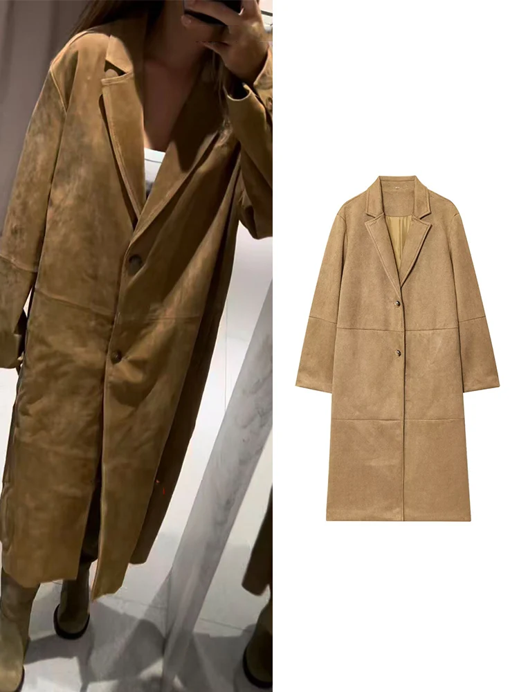 

2025 New Women Mid-length Leather Suede Jacket Spring Autumn Casual Retro Simple Single Breasted Solid Color Women Trench Coat