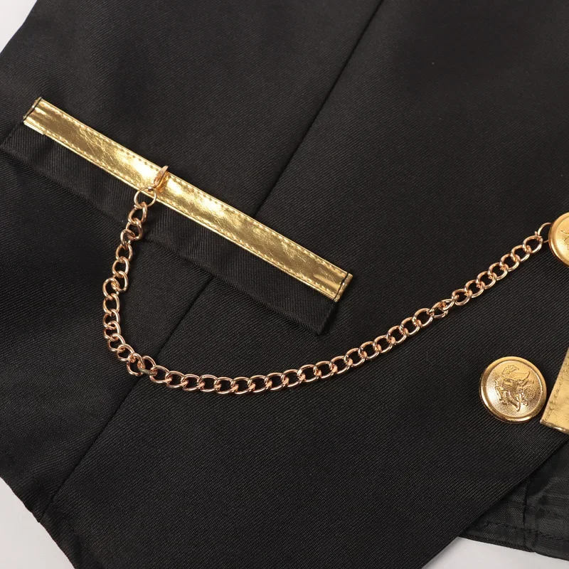 Herren-Satinweste in Schwarz mit Goldbesatz und Kette, elegante, figurbetonte Weste für Smoking, geeignet für Hochzeiten, Partys, Abschlussbälle und Bankette. – Detail 13