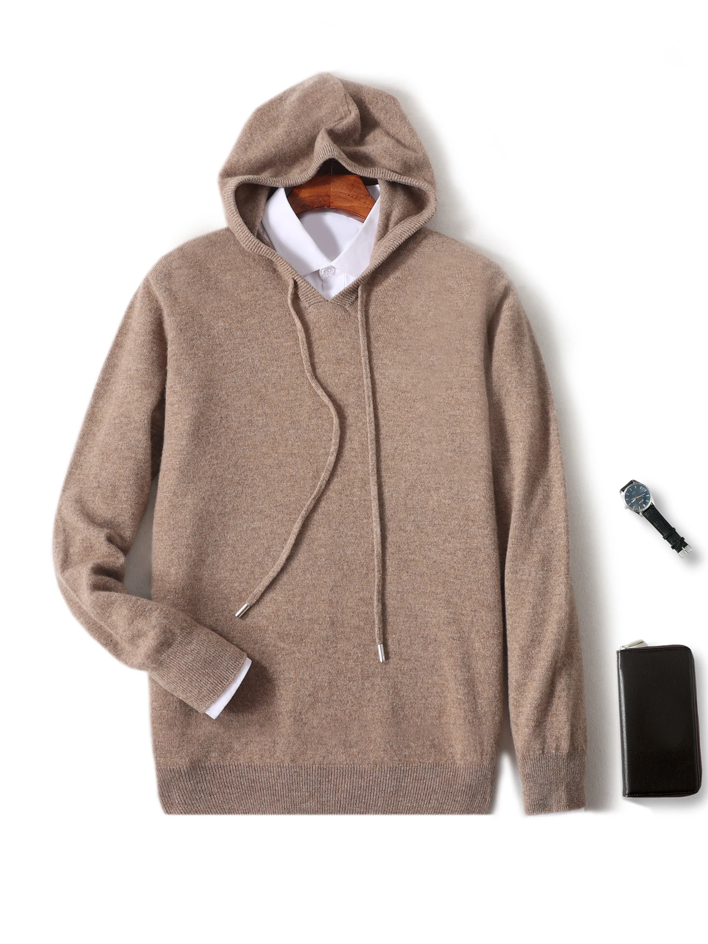 Suéter clásico con capucha para hombre, Jersey de punto de lana merina de 100%, ropa de manga larga, Tops, abrigos gruesos informales, Otoño e Invierno