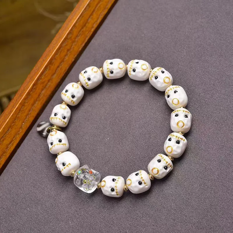Tibetan-style vintage bone-carved A-dai cultural artifact bracelet, single-loop with glass, agate, and silver accessories, retro