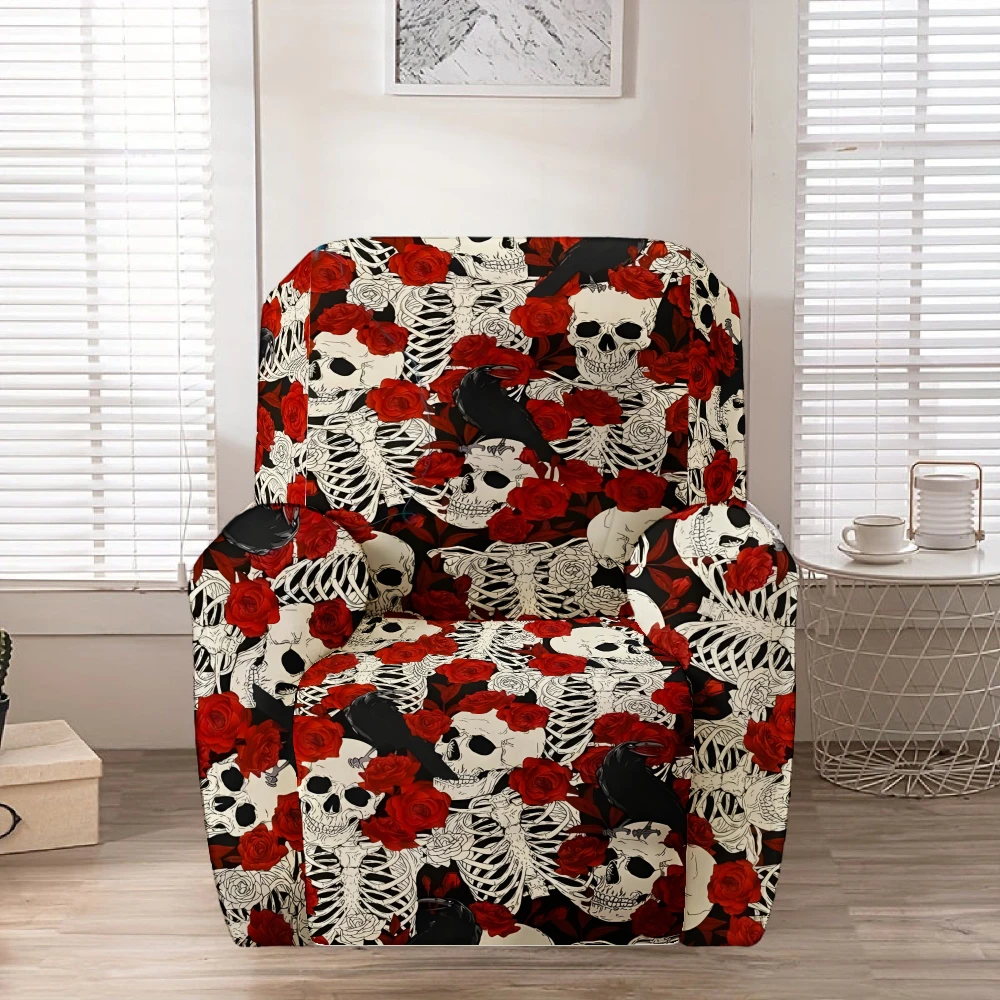 Black Background Skeleton Red Rose Crow Recliner Chair Cover Stretch Spandex Recliner Slipcover Gothic Halloween Decor