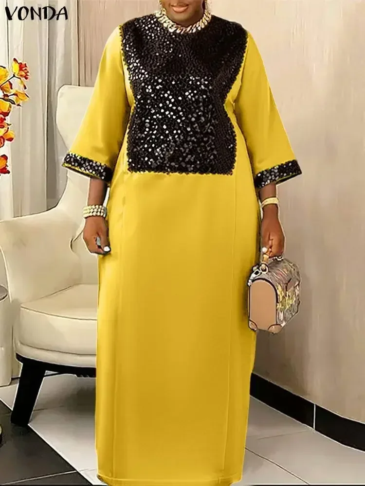 Mulheres plus size vestido vonda boêmio festa vestidos longos lantejoulas emenda maxi vestidos senhoras moda 3/4 manga cetim robe 5xl