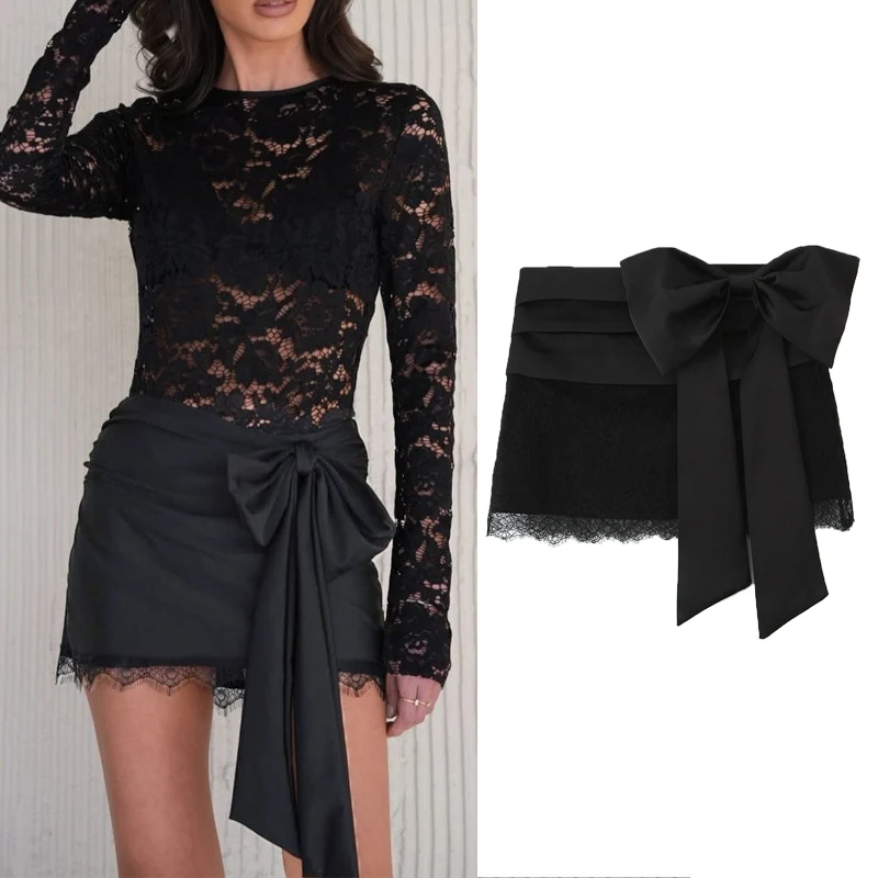 กระโปรงสีดำสำหรับผู้หญิง แต่งระบายชายลูกไม้ กระโปรงสั้นเซ็กซี่ผ้าซาติน สไตล์วายทูเค ฤดูใบไม้ผลิ 2026 ชุดเดรสออกงานสำหรับผู้หญิง พร้อมโบว์ใหญ่