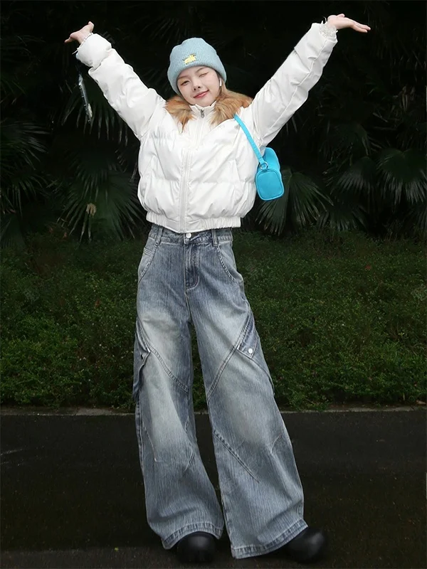 

Retro American Hooded Thickened Short Cotton Jacket Women's Winter Warm Slimming Coat with Fur Collar Straight Cut Commute Style