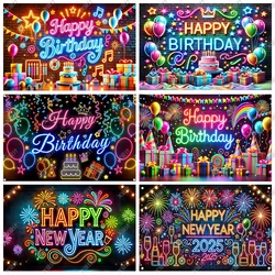 Colorful Happy New Year Happy Birthday Background Neon Glow Graffiti Family Celebrate Party Wall Decor Banner Photo Booth Props