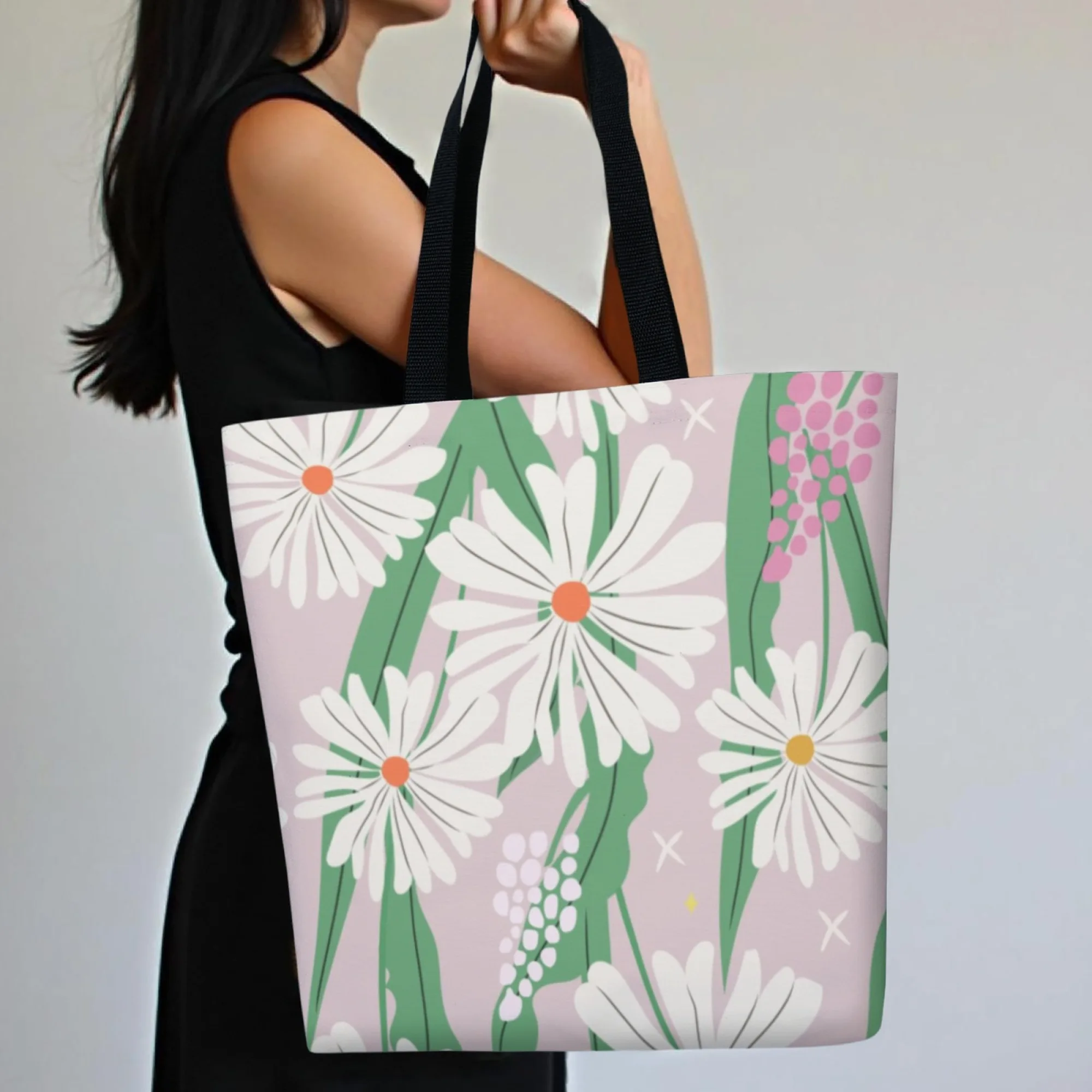 Korean Fresh Floral Trend Canvas Tote Bag Pink Daisy Print Bag for Women Perfect for Nature Enthusiasts Daily Commute & Street