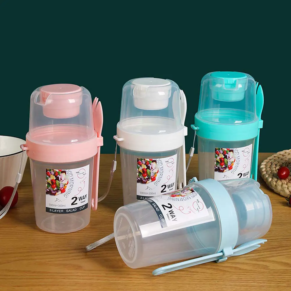 Portable Salad Cup Double Oatmeal Cup Yogurt Nut Fat-Reduced Vegetable Fruit Box Cup with Lid Spoon Breakfast Cup Lunch Box