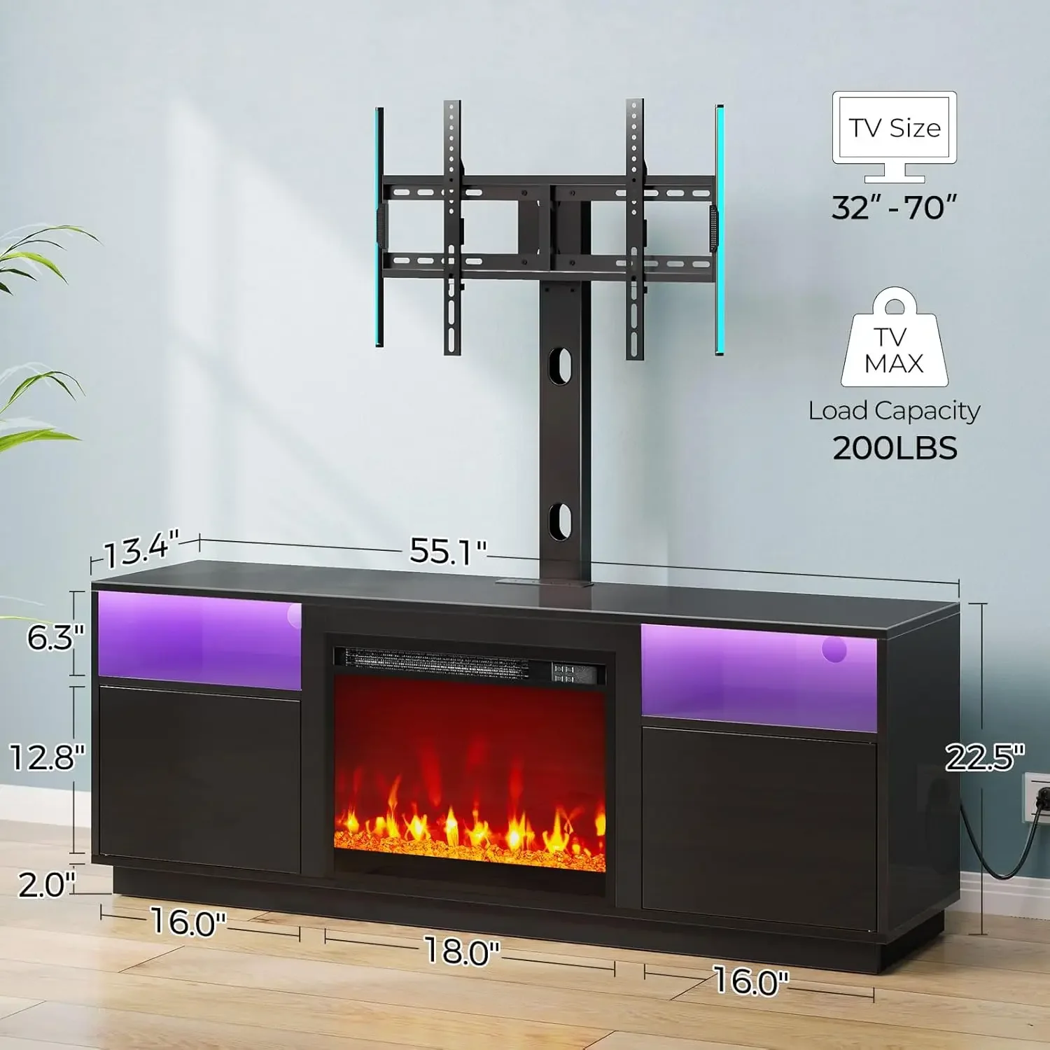 Kamin-TV-Ständer mit LED-Leuchten und Steckdosen, Entertainment-Center mit elektrischem Kamin, drehbarer TV-Ständer