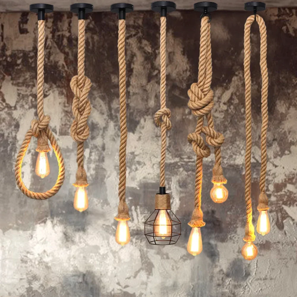 Retro Vintage Hemp Rope Pendant Light Hanging Lamps Creative Loft Country Style Ceiling Lamps E27 Edison LED