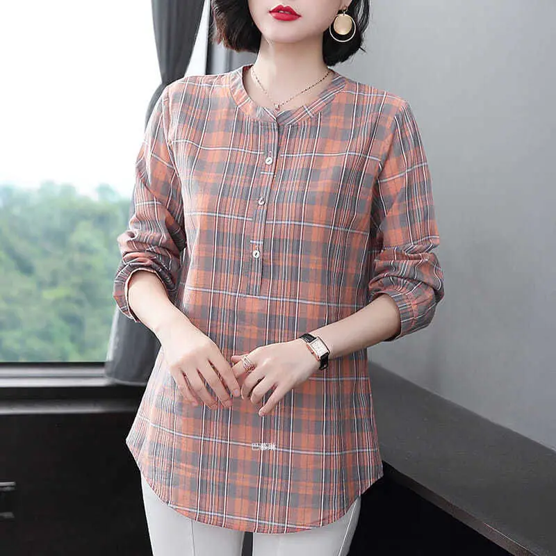 Fashion All-match Round Neck Plaid Shirt Women\'s Clothing Summer New Vintage Casual 3/4 Sleeve Button Spliced Pullovers Blouses