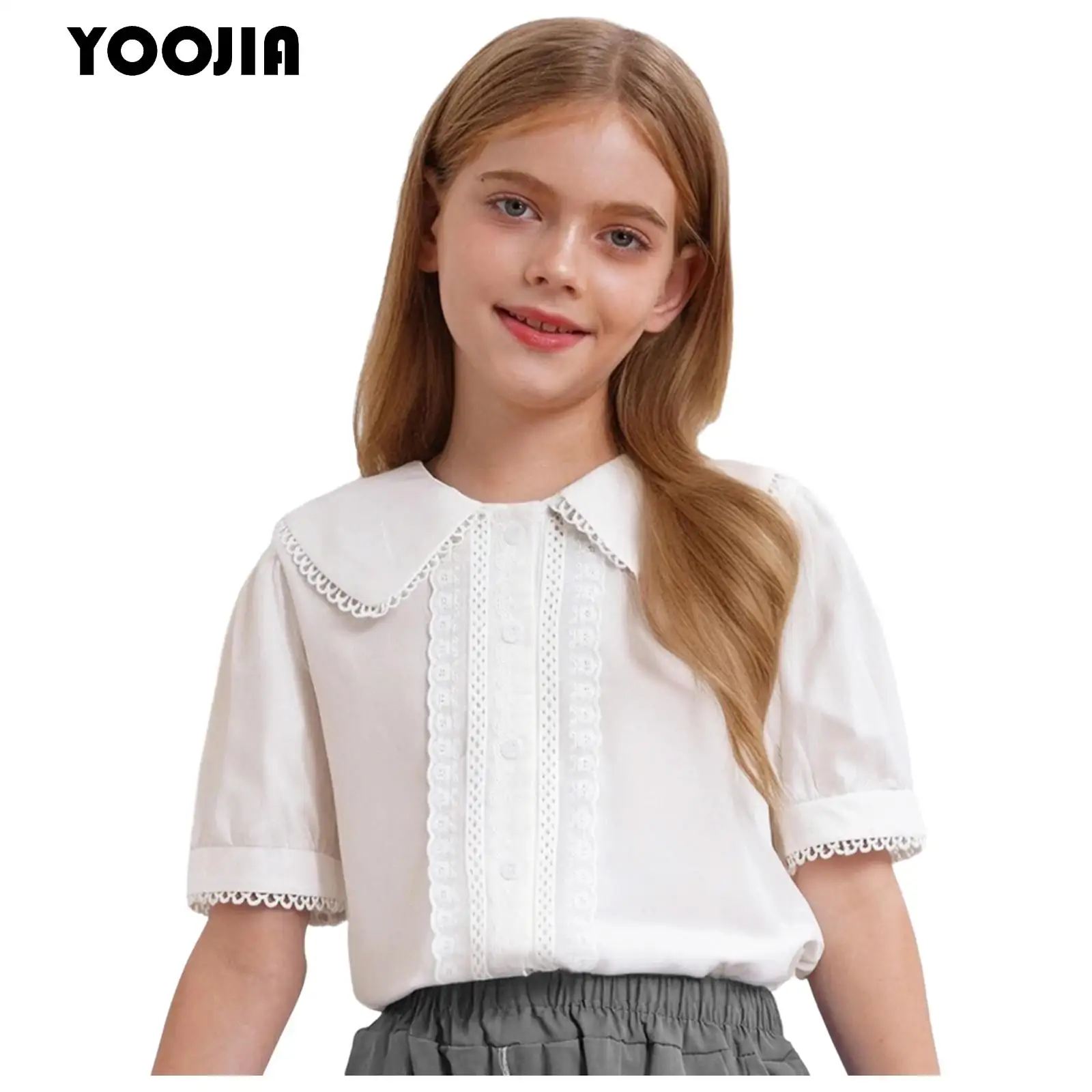 

White Shirts Kids School Girls Puff Sleeve Sweet Casual Lace Trim Preppy Kawaii Cotton Shirt Elegant Summer White Button Tops