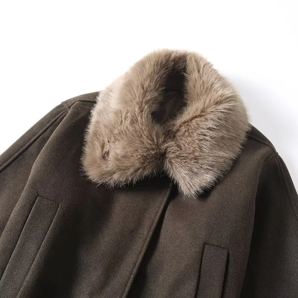 New Stylish Faux Fur Collar Belted Coat for Women Elegant Chic High Neck Outwears with Contrasting Faux Fur Trim and Fabric Belt