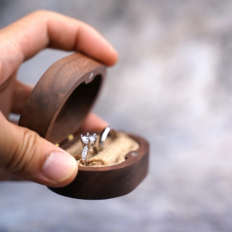 Walnut Jewelry Box Engagement Wedding Ceremony Ring Storage Proposal Portable Ring Holder Rustic Wedding Ring Box Dropship