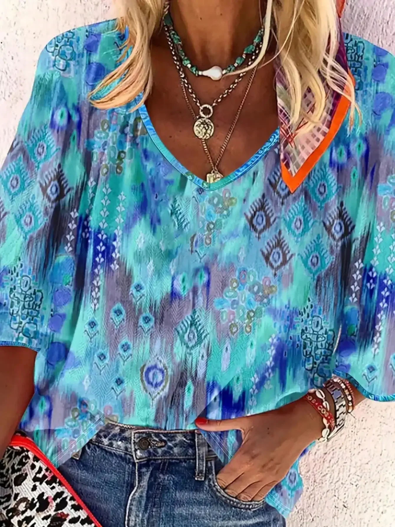 Plus Size Boho Printed Shirt for Women V Neck 3/4 Sleeve All Over Peacock Pattern Loose Top
