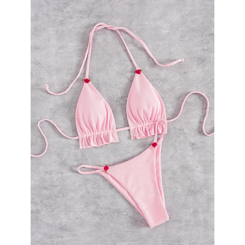 

New Soft Bag Solid Color Rose Decoration Thin Strap Halter Tie Backless Beach Women's Party Bikini