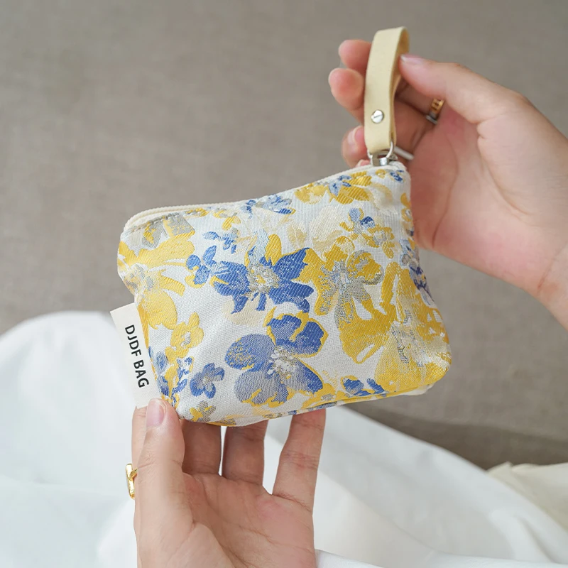 Floral small coin purse portable women\'s makeup bag zipper double layer design lipstick envelope cosmetics key storage bag