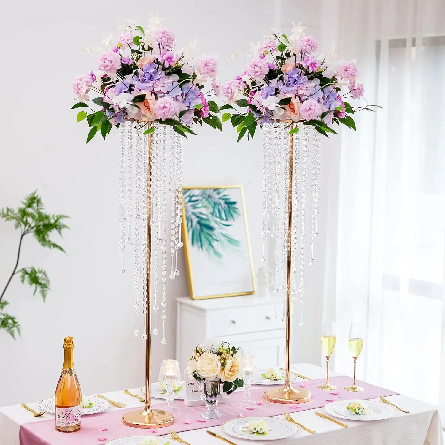 Hochzeitstisch-Mittelstück Blumenständer - 29,6 Zoll Goldvase mit Kristall-Kronleuchter, Mitteltisch für Außen- und Innendekoration – Detail 4