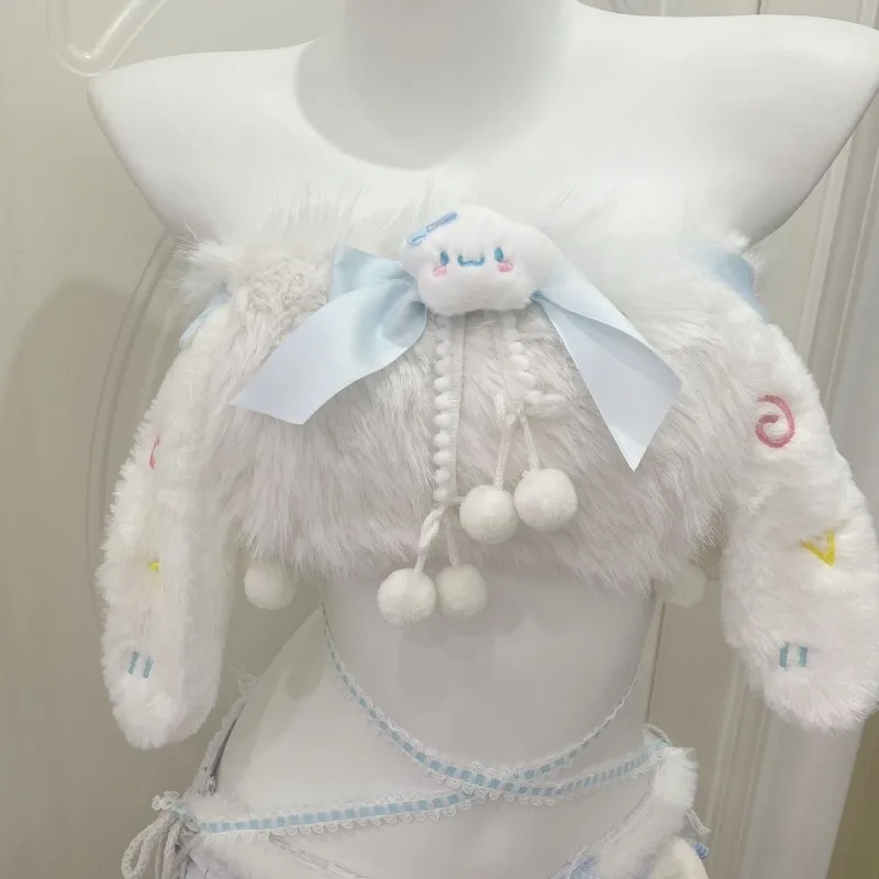 MINISO Cinnamon Sexy Sweet Costume Fluffy White Ear Top Blue Short Pants Full Set for Women Winter Sleepwear Outfits