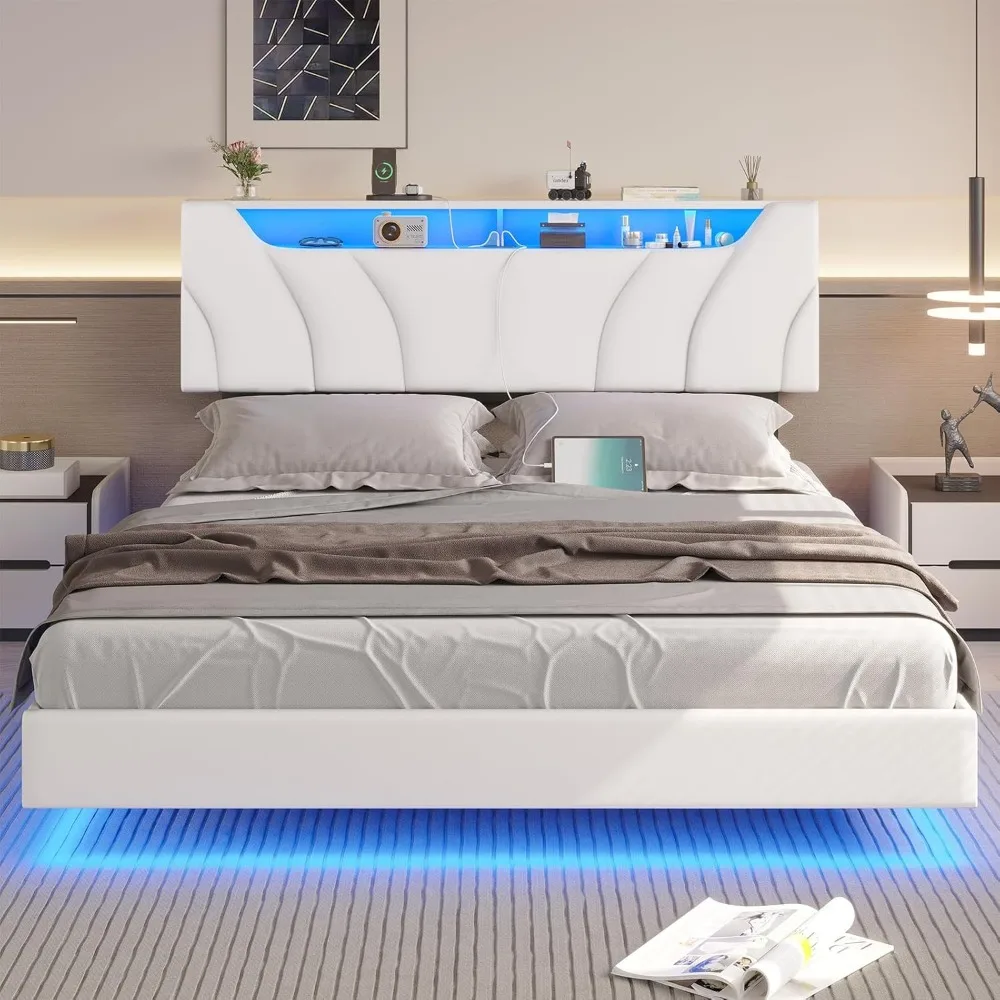 Floating Bed Frame,with LED Lights Bed Frame with Storage Headboard Faux Leather Upholstered Platform Bed with USB Type-C Ports