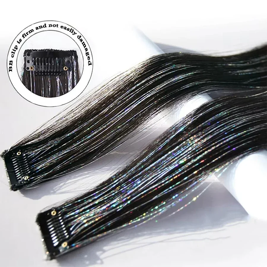 Image 3: Extensions de cheveux synthétiques laser teintes à l'oreille de 20 pouces avec clips BB sans couture, postiche brillant en tinsel pour filles