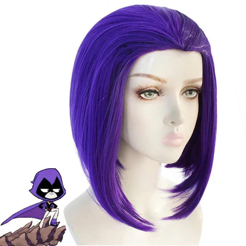 

Anime Teen Titans Raven Cosplay Wigs Purple Short Straight Hair Halloween Party Carnival Heat Resistant Synthetic Wig +a wig cap