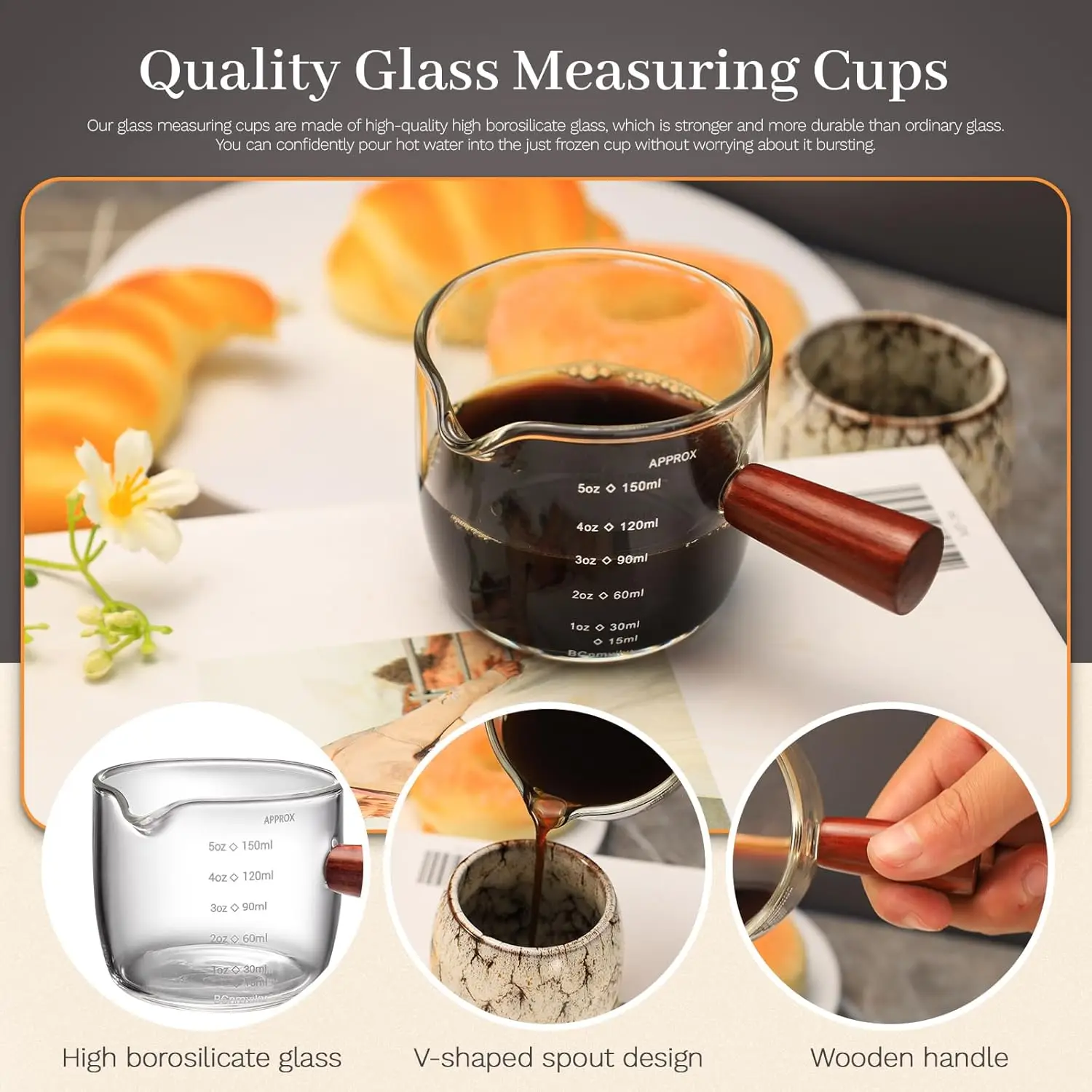 3 Oz Espresso Measuring Cup Shot Glasses Measuring Triple Pitcher Single Spout Glass Creamer Measure Cup for Barista Coffee