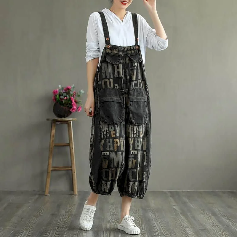 Printed Jumpsuits Women Korean Style Harem Pants Loose Overalls Vintage Playsuits Casual Workwear Denim Trousers Women Clothes